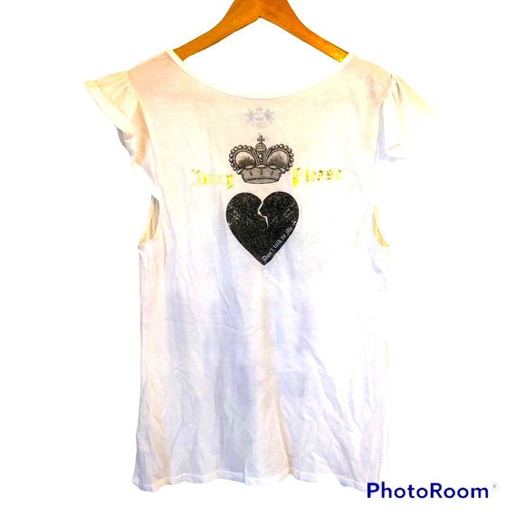 Juicy Couture V-Neck Ruffled Graphic Tee Shirt White - Picture 2 of 7